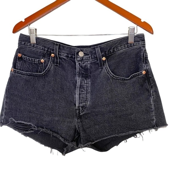 LEVI'S 501 Black Denim High Waisted Cut Off Shorts - Picture 3 of 13